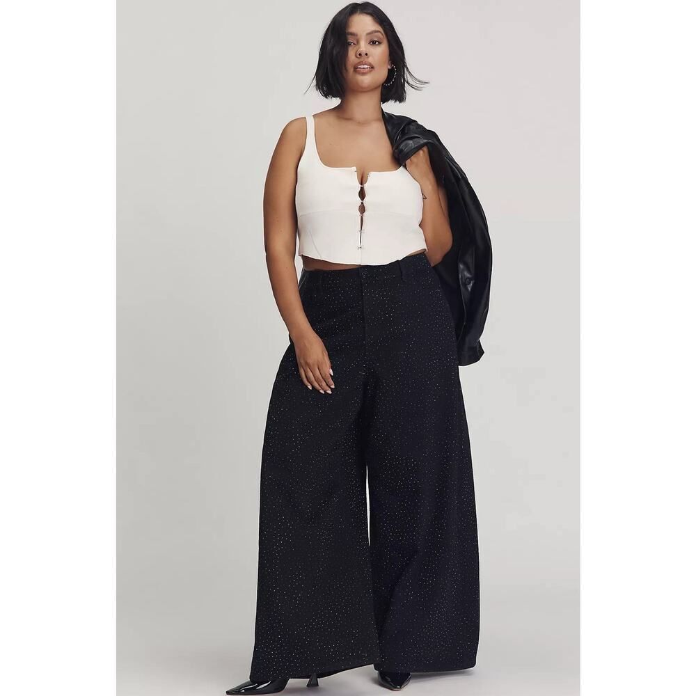 NWT Eloquii Plus Rhinestone Wide Leg Jeans Black High Rise Size 24